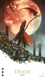  1boy bloodborne brown_cloak brown_headwear burial_blade cloak death_(tarot) english_text flower from_side frozensoba full_moon gehrman_the_first_hunter gloves hat highres holding holding_scythe holding_weapon male_focus moon red_moon scythe standing tarot tarot_(medium) weapon white_flower 