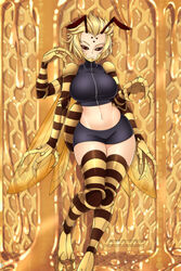  abdomen_tail antennae arthropod_girl bee_girl blonde_hair breasts brown_eyes claws commentary commission curvy english_commentary extra_arms extra_eyes female hair_slicked_back hive honey insect_wings killa_(monster_musume) large_breasts lindaroze looking_at_viewer midriff miniskirt monster_girl monster_musume_no_iru_nichijou navel no_pupils no_sclera patreon_username photoshop_(medium) short_hair skirt smile solo wasp_girl watermark web_address wings zipper 