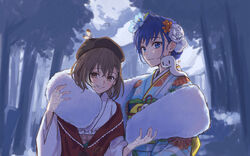  2girls bad_id bad_twitter_id beret blue_eyes blue_hair boros_(ouro_kronii) braid braided_bangs brown_eyes brown_hair brown_headwear commentary earrings fingerless_gloves flower fur_scarf gloves hair_flower hair_ornament hair_up hat hololive hololive_english japanese_clothes jewelry kimono kisuu_(oddnumberr_) lace lace_gloves looking_at_viewer multiple_girls nanashi_mumei nanashi_mumei_(new_year) obi official_alternate_costume ouro_kronii ouro_kronii_(new_year) outdoors parted_lips red_shawl sash shawl short_hair smile snake virtual_youtuber white_gloves wide_sleeves 