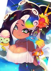  alternate_costume breasts cephalopod_eyes cleavage dark-skinned_female dark_skin female food highres ice_cream large_breasts marina_(splatoon) mole mole_under_mouth nomu_(29_nom) octoling pink_pupils splatoon_(series) splatoon_2 tentacle_hair 