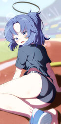  absurdres ass bad_id bad_pixiv_id blue_archive blue_eyes blue_hair blue_shirt bruise buruma commentary fallen_down female gym_shirt gym_shorts gym_uniform halo highres injury korean_commentary liyom looking_at_viewer mechanical_halo open_mouth shirt shoes shorts single_shoe solo thighs yuuka_(blue_archive) yuuka_(track)_(blue_archive) 