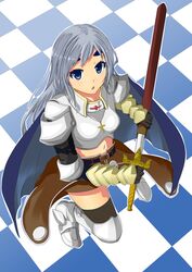  armor armored_boots black_thighhighs blue_cape blue_eyes boobplate boots brown_cape brown_skirt cape checkered_background commentary_request cross female full_body gauntlets grey_hair highres holding holding_sword holding_weapon kurohachiboku long_hair looking_at_viewer open_mouth paladin_(ragnarok_online) pauldrons ragnarok_online scabbard sheath shoulder_armor skirt solo standing sword thick_eyebrows thighhighs waist_cape weapon 