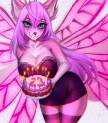  adorableinall ahoge anthro blue_eyes breasts cake candle canid canine canis cleavage clothed clothing dessert digital_media_(artwork) eyelashes female food fur hair hi_res looking_at_viewer mammal mariah_veiethe purple_hair smile solo wings wolf 