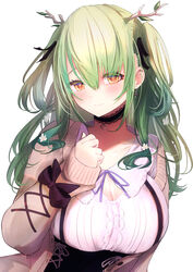  absurdres antlers black_choker blush breasts ceres_fauna ceres_fauna_(jirai_kei) choker cleavage closed_mouth commentary earrings female frilled_choker frills getto green_hair highres hololive hololive_english horns jewelry jirai_kei large_breasts long_hair long_sleeves looking_at_viewer official_alternate_costume simple_background smile solo symbol-only_commentary virtual_youtuber white_background yellow_eyes 