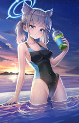  animal_ear_fluff animal_ears black_one-piece_swimsuit blue_archive blue_eyes breasts commentary_request competition_swimsuit covered_navel cowboy_shot cross_hair_ornament drink extra_ears female grey_hair groin hair_ornament halo highres junma_art low_ponytail medium_breasts medium_hair mismatched_pupils multicolored_clothes multicolored_swimsuit ocean official_alternate_costume one-piece_swimsuit outdoors pool poolside shiroko_(blue_archive) shiroko_(swimsuit)_(blue_archive) solo sunset swimsuit tumbler water wolf_ears 