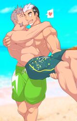  2boys abs alternate_costume bara black_hair carrying commission couple crow_(siranui) earrings facial_hair feet_out_of_frame goatee green_eyes gyee heart jewelry kissing kissing_cheek large_pectorals lifting_person long_sideburns male_focus male_swimwear multicolored_hair multiple_boys muscular muscular_male navel nipples pectorals princess_carry purple_hair second-party_source short_hair sideburns spoken_heart su_(gyee) swim_trunks thick_thighs thighs topless_male two-tone_hair yan_(gyee) yaoi 