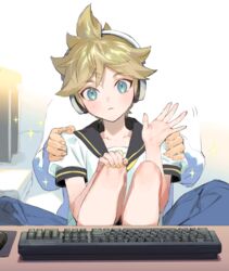  1boy :&lt; blonde_hair blue_eyes blush commentary hands_on_another&#039;s_shoulders headset kagamine_len looking_at_viewer male_focus master_(vocaloid) naoko_(naonocoto) sailor_collar shorts solo_focus sweatdrop vocaloid waving yellow_nails 