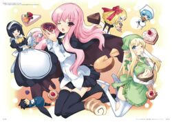  1boy 5girls artbook ascot black_hair blonde_hair blue_hair boots breasts brown_footwear cake chibi cooking cup drill_hair finger_in_own_mouth fixed food freckles fruit gimp_(medium) green_headwear hair_ribbon highres hiraga_saito louise_francoise_le_blanc_de_la_valliere maid maid_headdress montmorency_margarita_la_fere_de_montmorency multiple_girls noise_reduction official_art page_number pink_hair pointy_ears red_ribbon ribbon scan siesta_(zero_no_tsukaima) stitched strawberry tabitha_(zero_no_tsukaima) tasting teacup teapot thighhighs tiffania_westwood usatsuka_eiji waifu2x white_headwear white_legwear zero_no_tsukaima zettai_ryouiki 