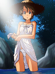  brown_eyes brown_hair clothes_lift commentary_request cowboy_shot crotch_seam day dress dress_lift drying female fujimoto_atsuko hat lielos lifting_own_clothes looking_at_viewer medium_dress original outdoors panties pantyshot parted_lips partial_commentary see-through short_hair solo spaghetti_strap standing straw_hat sun_hat sunlight underwear wading wet wet_clothes white_dress white_panties 