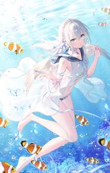  barefoot bikini blue_eyes blue_panties blue_ribbon blue_string blue_theme braid choker ciel_(toosaka_asagi) clownfish coral_reef cropped dress female fish frilled_panties frills jewelry long_hair ocean open_mouth original panties ribbon sailor_collar sleeveless solo string swimsuit thighs third-party_edit toosaka_asagi tropical_fish underwater underwear water white_dress white_hair wings 