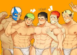  5boys abs absurdres bara black_hair blonde_hair bulge dark-skinned_male dark_skin fujimachine_(clayten) fundoshi grabbing green_eyes green_hair half_mask heterochromia highres horned_mask horns ikusaba_daisuke japanese_clothes jiraiya_(housamo) male_focus male_underwear mask monster_boy multicolored_hair multiple_boys muscular muscular_male oni_mask pectoral_docking pectoral_grab pectoral_press pectorals pollux_(housamo) red_hair shuten_douji_(housamo) stomach tokyo_afterschool_summoners topless_male tusks underwear underwear_only v white_hair white_male_underwear yellow_eyes zabaniyya_(housamo) 