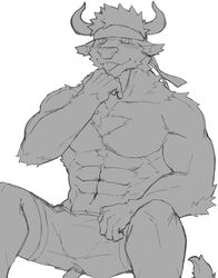  5_fingers abs accessory anthro blush bodily_fluids body_hair bottomwear bovid bovine cattle chest_hair clothed clothing fingers fur hair headband hi_res horn kenjilokung lifewonders male mammal muscular muscular_anthro muscular_male shennong_(tas) simple_background sitting solo sweat sweatdrop tokyo_afterschool_summoners tongue tongue_out topless white_background 