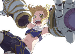  armor armpits black_gloves black_shorts blonde_hair blue_armor blue_sports_bra breasts commentary cowboy_shot elbow_gloves eyelashes female floating foreshortening giant_fist gloves gold_trim green_eyes highres looking_at_viewer mika_returna navel open_mouth shiny_skin short_hair shorts solo sports_bra teeth touniyuu two_side_up under_night_in-birth under_night_in-birth_exe:late[st] 