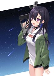  absurdres apex_legends black_hair braid brysinggamen female green_jacket gun hair_between_eyes highres holding holding_gun holding_weapon hood hoodie ichinose_uruha ichinose_uruha_(2nd_costume) jacket long_hair long_sleeves looking_at_viewer lupinus_virtual_games multicolored_hair open_clothes open_jacket purple_eyes r-99_smg shirt smile solo submachine_gun virtual_youtuber vspo! weapon 