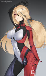  absurdres arm_up artist_name blonde_hair bodysuit breasts covered_navel cowboy_shot female gradient_background grey_background highres hioyami long_hair looking_at_viewer medium_breasts nemesis_(tower_of_fantasy) parted_lips patreon_username red_eyes simple_background solo tower_of_fantasy 