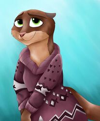  2016 anthro clothed clothing crossed_arms disney dress female fur green_eyes half-length_portrait hi_res lontra looking_at_viewer mammal marcushunter mrs._otterton multicolored_body multicolored_fur mustelid north_american_river_otter otter portrait river_otter simple_background smile solo two_tone_body two_tone_fur whiskers zootopia 