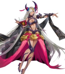  book breasts cleavage dark-skinned_female dark_skin female fingernails fire_emblem fire_emblem_engage fire_emblem_heroes full_body hair_over_one_eye hand_up high_heels highres holding holding_book ichibi long_hair long_skirt medium_breasts navel non-web_source official_art open_book parted_lips pointy_ears purple_eyes shiny_skin skirt smile solo stomach transparent_background very_long_hair white_hair zephia_(fire_emblem) 