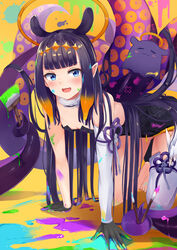  :d all_fours bare_shoulders black_dress black_gloves blue_eyes blunt_bangs breasts commentary detached_sleeves dress female gloves gradient_hair hair_ornament halo highres hololive hololive_english irohara long_hair looking_at_viewer mole mole_under_eye multicolored_hair ninomae_ina&#039;nis ninomae_ina&#039;nis_(1st_costume) oerba_yun_fang open_mouth orange_background orange_hair paint paint_in_hair paint_on_body paint_splatter paint_splatter_on_face paintbrush pointy_ears purple_hair sidelocks single_detached_sleeve single_thighhigh skin_fang small_breasts smile solo takodachi_(ninomae_ina&#039;nis) tentacle tentacle_hair thighhighs tongue very_long_hair virtual_youtuber 