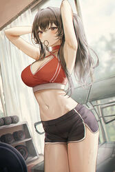  absurdres armpits arms_behind_head arms_up bare_arms black_shorts breasts brown_eyes brown_hair cleavage cowboy_shot dolphin_shorts dumbbell female hair_between_eyes hair_ornament hair_tie_in_mouth highres indoors korean_commentary large_breasts long_hair looking_at_viewer meoyo mouth_hold navel orange_sports_bra original ponytail shorts solo sports_bra standing strap_gap sweat treadmill tying_hair 