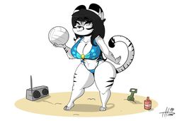  anthro ball beach big_breasts bikini black_ears black_hair black_markings breasts cleavage clothed clothing electronics felid feline female fur grey_eyes hair holding_ball holding_object mammal markings multicolored_ears radio sand seaside shovel solo swimwear tail thehoneybutter thick_thighs tools two_tone_ears volleyball_(ball) white_body white_ears white_fur white_tail wide_hips 