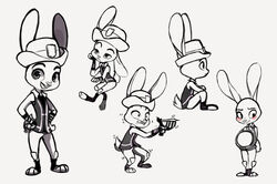  2015 anthro blush bukoya-star clothed clothing disney fully_clothed fur hat headgear headwear holding_object judy_hopps lagomorph leporid mammal monochrome multiple_positions rabbit safety_vest simple_background solo topwear vest white_background zootopia 