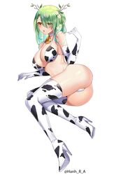  absurdres animal_print antlers ass bell bikini boots breasts ceres_fauna cow_print cow_print_bikini elbow_gloves female flower gloves green_hair hair_flower hair_ornament hanh_chu highres hololive hololive_english horns large_breasts long_hair lying mole mole_under_eye neck_bell on_side open_mouth print_bikini simple_background solo swimsuit thigh_boots thighhighs twitter_username virtual_youtuber white_background yellow_eyes 