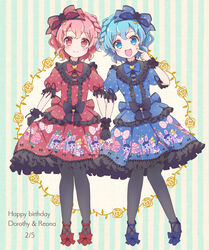  1boy :d animal_print black_gloves black_legwear blue_bow blue_dress blue_eyes blue_footwear blue_hair blue_neckwear blush bow bow_print bowtie braid brother_and_sister center_frills character_name commentary_request dated dorothy_west dress female frilled_cuffs frilled_dress frilled_sleeves frills full_body gloves hairbow happy_birthday highres holding_hands kaeru_(pau777) lolita_fashion looking_at_viewer open_mouth otoko_no_ko pantyhose pink_bow pink_hair pointing pointing_at_self pretty_series print_dress pripara rabbit_print red_bow red_bowtie red_dress red_eyes red_footwear reona_west short_hair siblings side_braid single_glove skirt_hold smile striped striped_background twins vertical_stripes wrist_cuffs 