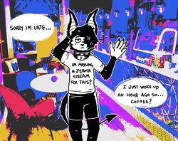  abstract_background andromorph_(lore) anthro bar bat bottomwear clothing collar dialogue english_text gesture hair hair_over_eye half-closed_eyes male mammal narrowed_eyes nonbinary_(lore) one_eye_obstructed psychedelic_background shirt shorts sinsquest snaffs_(sinsquest) solo spade_tail speech_bubble spiked_collar spikes t-shirt tail text topwear waving 