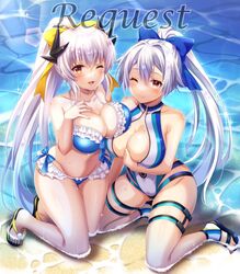  2girls asymmetrical_docking bare_shoulders beach bikini blue_bikini blue_bow blue_one-piece_swimsuit blush bow breast_press breasts cleavage collarbone commentary_request dragon_girl dragon_horns fate/grand_order fate_(series) flip-flops groin hair_between_eyes hairbow highleg highleg_swimsuit highres horns kiyohime_(fate) kiyohime_(swimsuit_lancer)_(fate) kiyohime_(swimsuit_lancer)_(third_ascension)_(fate) kneeling large_breasts long_hair looking_at_viewer multicolored_clothes multicolored_swimsuit multiple_girls multiple_horns navel ocean one-piece_swimsuit one_eye_closed partially_submerged ponytail red_eyes sandals suzumia_(daydream) swimsuit thigh_strap tomoe_gozen_(fate) tomoe_gozen_(swimsuit_saber)_(fate) two-tone_swimsuit water white_hair white_one-piece_swimsuit yellow_bow 