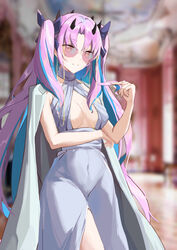  absurdres black_bow blue_hair blurry blurry_background bow breasts changpan_hutao cleavage cleavage_cutout clothing_cutout commentary covered_navel cowboy_shot depth_of_field dress fate/grand_order fate_(series) female grey_dress hairbow highres horns ishtar_(fate) jacket jacket_on_shoulders long_hair medium_breasts mismatched_pupils multicolored_hair parted_bangs pink_hair playing_with_own_hair red-tinted_eyewear red_eyes rimless_eyewear sleeveless sleeveless_dress solo space_ishtar_(fate) space_ishtar_(third_ascension)_(fate) star-shaped_pupils star_(symbol) streaked_hair sunglasses symbol-shaped_pupils tinted_eyewear two_side_up very_long_hair white_jacket 