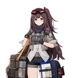  bag brown_hair case clipboard clothing_cutout duffel_bag female game_cg girls&#039;_frontline girls&#039;_frontline_2:_exilium gloves goggles goggles_on_head jacket long_hair mayling_shen_(girls&#039;_frontline_2) navel_cutout official_art red-tinted_eyewear shirt shorts solo thermos third-party_source tinted_eyewear yellow_eyes yitiao_er-hua 