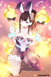  animal_ears artist_name bare_shoulders black_hair bow bowtie breasts cleavage detached_collar en&#039;en_no_shouboutai english_commentary fake_animal_ears female finger_gun fire fishnet_pantyhose fishnets gloves highres hot_vr kneeling large_breasts leotard light_smile long_hair maki_oze pantyhose patreon_logo patreon_username playboy_bunny ponytail purple_eyes rabbit_ears sidelocks single_thighhigh solo sparks thighhighs white_gloves wrist_cuffs 