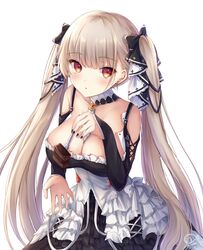  :o absurdres azur_lane between_breasts black_dress blonde_hair blunt_bangs breasts cake chocolate_cake cleavage cowboy_shot dress earrings female food fork formidable_(azur_lane) frilled_dress frills giving hair_ribbon highres jewelry kiri_celea large_breasts long_hair looking_at_viewer red_eyes ribbon simple_background solo twintails two-tone_ribbon very_long_hair white_background 