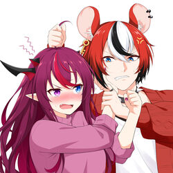  1boy absurdres ahoge alternate_costume anger_vein animal_ears annoyed aran_sweater black_collar black_hair blue_eyes blush breasts cable_knit cardigan casual clenched_teeth collar commentary couple ear_piercing english_commentary fangs felutiahime female fighting genderswap_(ftm) grabbing_another&#039;s_hair hair_between_eyes hakos_baelz hayko heterochromia highres hololive hololive_english horns irys_(hololive) jewelry key_earrings long_hair looking_at_another mouse_ears mouse_girl multicolored_eyes multicolored_hair multiple_horns open_mouth piercing pointy_ears purple_eyes purple_hair purple_nails purple_sweater red_hair ring rule_63 sharp_teeth shirt short_hair simple_background spiked_collar spikes squiggle straight streaked_hair sweater teeth turtleneck turtleneck_sweater upper_body virtual_youtuber white_hair white_shirt 