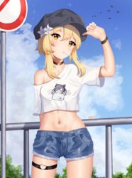  absurdres alternate_costume arm_behind_back arm_up black_hat blonde_hair blue_shorts blue_sky blush character_print cloud commentary_request cutoffs day denim denim_shorts female flower genshin_impact hair_flower hair_ornament hand_on_headwear hat heart_o-ring highres keqing_(genshin_impact) looking_at_viewer lumine_(genshin_impact) milira mouth_hold navel off_shoulder outdoors print_shirt railing road_sign shirt short_hair_with_long_locks short_shorts shorts sidelocks sign signature sky solo sparkle thigh_strap white_flower white_shirt wristband yellow_eyes 