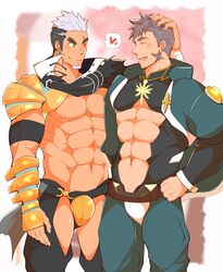  2boys abs abs_cutout armor bara bare_pectorals black_hair blush clothing_cutout commission couple crotchless crotchless_pants crow_(siranui) earrings facial_hair goatee green_eyes gyee hand_on_another&#039;s_head hand_on_own_hip heart highres jewelry large_pectorals long_sideburns male_focus multicolored_hair multiple_boys muscular muscular_male nipples pants pauldrons pectorals purple_hair revealing_clothes second-party_source short_hair shoulder_armor sideburns spoken_heart su_(gyee) thick_thighs thigh_cutout thighs two-tone_hair yan_(gyee) yaoi 