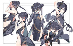  absurdres arm_behind_head arm_up armpits artistic_error ass bad_id bad_pixiv_id bare_shoulders black_dress black_gloves black_hair blue_archive braid braided_bun breasts butterfly_hair_ornament china_dress chinese_clothes cs/ls06 double_bun dragon_print dress etoile female gloves grey_eyes gun hair_bun hair_ornament highres holding holding_weapon kisaki_(blue_archive) long_hair looking_at_viewer md5_mismatch medium_breasts multiple_views pelvic_curtain print_dress sleeveless sleeveless_dress small_breasts submachine_gun twintails weapon 