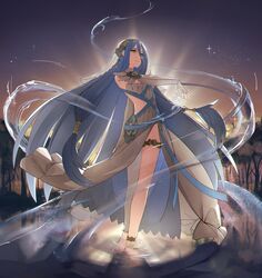  asagi_(banzoku210) asymmetrical_legwear azura_(fire_emblem) barefoot blue_hair blue_ribbon closed_mouth commentary dancing dress elbow_gloves english_commentary female fire_emblem fire_emblem_fates gloves hair_between_eyes highres hydrokinesis jewelry long_hair looking_at_viewer on_liquid outdoors pond ribbon sky smile solo strapless strapless_dress tree uneven_legwear veil very_long_hair water white_dress white_gloves white_veil yellow_eyes 