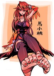  absurdres arm_behind_head armpits barefoot black_thighhighs breasts character_name chinese_commentary chinese_text commission douluo_dalu feet female ga320aaa highres long_hair looking_at_viewer ma_xiaotao_(douluo_dalu) nail_polish orange_hair pixiv_commission red_eyes red_nails solo thighhighs toenail_polish toenails toes translated 