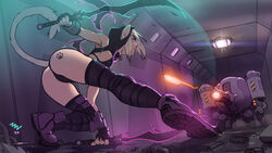  animal_ears ass ass_tattoo battle bell bell_collar bikini black_bikini blonde_hair boots borrowed_character bunny_and_fox_world cat_ears cat_tail collar combat_boots commentary commission dual_wielding energy_sword energy_wings english_commentary female fingerless_gloves firing from_below full_body gloves hallway holding hood jingle_bell knee_pads lens_flare mike_nesbitt mini_wings one_knee original robot sapphicneko_(sapphicneko) science_fiction short_hair solo_focus swimsuit sword tail thighhighs weapon 