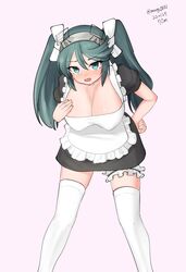  absurdres alternate_costume apron black_dress breasts cleavage dated dress enmaided feet_out_of_frame female frilled_apron frills green_eyes grey_hair highres isuzu_(kancolle) isuzu_kai_ni_(kancolle) kantai_collection large_breasts long_hair looking_at_viewer maid maid_headdress maru_(marg0613) one-hour_drawing_challenge simple_background solo twintails twitter_username white_apron white_background 