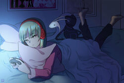  alternate_costume bed casual controller female green_eyes green_hair headphones highres light_green_hair merkava_(tank) meuniel military military_vehicle motor_vehicle night nyoomdoesstuff pajamas pants phonon_(under_night_in-birth) pillow pink_sweater playing short_hair snake solo stuffed_animal stuffed_toy sweater tank television under_night_in-birth 