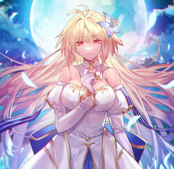  archetype_earth arcueid_brunestud bare_shoulders blonde_hair blue_gloves blue_skirt blush breasts cleavage detached_collar detached_sleeves dress fate/grand_order fate_(series) female flower full_moon gloves hair_flower hair_ornament large_breasts long_hair looking_at_viewer moon multicolored_clothes multicolored_skirt night night_sky red_eyes sagta_panggang skirt sky smile solo tsukihime very_long_hair white_dress 