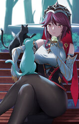  bare_shoulders bench blurry blurry_background breasts bright_pupils brown_pantyhose crossed_legs detached_sleeves eating elbow_gloves elbow_rest feet_out_of_frame feline female food food_in_mouth genshin_impact gloves gold_trim habit hair_flaps highres holding holding_food ice_cream_cone large_breasts looking_at_another multicolored_clothes multicolored_headwear multiple_cats nun outdoors pantyhose red_eyes red_hair rosaria_(genshin_impact) shirt short_hair sidelocks sitting sleeveless sleeveless_shirt solo sweatdrop thighs tiara tree veil white_gloves white_pupils white_shirt yonoki 