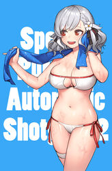  bikini black_ribbon blue_background braid breasts cain_(gunnermul) center_opening commentary female flower french_braid girls&#039;_frontline grey_hair hair_flower hair_ornament hair_ribbon highres large_breasts navel official_alternate_costume open_mouth photoshop_(medium) red_eyes ribbon side-tie_bikini_bottom simple_background smile solo spas-12_(girls&#039;_frontline) spas-12_(midsummer_fruit)_(girls&#039;_frontline) strapless strapless_bikini swept_bangs swimsuit thigh_strap towel towel_around_neck twintails wavy_mouth wet white_bikini white_flower 