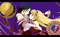  1boy american_flag backless_dress backless_outfit black_hair blonde_hair blush bow commentary_request crossdressing dress eye_contact face-to-face female flower frills from_side hairband hand_in_own_hair hand_on_another&#039;s_back hand_on_another&#039;s_shoulder kujou_subaru long_hair looking_at_another miko_embrace mnk_(cerezo) otoko_no_ko parody petit_mint pink_bow profile red_flower red_hairband rose sakura_taisen sakura_taisen_v short_hair taiga_shinjirou upper_body 