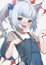  animal_ears bad_id bad_pixiv_id blue_hair cat_ears female fins fish_tail flat_chest gawr_gura gawr_gura_(casual) grey_hair highres hololive hololive_english lazu0721 light_blue_hair multicolored_hair open_mouth paw_pose shark_girl shark_tail sharp_teeth smile solo streaked_hair tail teeth two-tone_hair two_side_up virtual_youtuber 