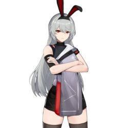  animal_ears asymmetrical_sleeves charolic_(girls&#039;_frontline_2) crossed_arms detached_sleeves fake_animal_ears female game_cg girls&#039;_frontline girls&#039;_frontline_2:_exilium grey_hair long_hair looking_at_viewer official_art orange_eyes rabbit_ears skirt solo thighhighs third-party_source transparent_background uneven_sleeves 