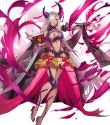  book breasts cleavage dark-skinned_female dark_skin female fingernails fire_emblem fire_emblem_engage fire_emblem_heroes full_body hair_over_one_eye hand_up high_heels highres holding holding_book ichibi long_hair long_skirt magic medium_breasts navel non-web_source official_art open_book open_mouth pointy_ears purple_eyes shiny_skin skirt solo stomach transparent_background very_long_hair white_hair zephia_(fire_emblem) 