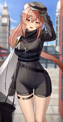  :d absurdres animal_ear_fluff animal_ears arknights ass_visible_through_thighs bag black_gloves black_shorts breasts building cape day elizabeth_tower feet_out_of_frame female gloves gravel_(arknights) gravel_(modeling_night)_(arknights) hair_between_eyes hand_on_headwear high-waist_shorts high_collar highres holding holding_bag jewelry large_breasts london long_hair long_sleeves looking_at_viewer necklace official_alternate_costume open_mouth orange_eyes outdoors pink_hair purity_seal shorts smile solo standing teruru_(teruru0321) thigh_strap very_long_hair white_cape 